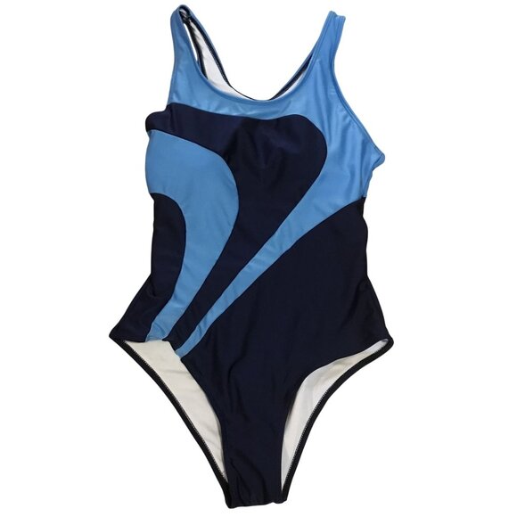One Piece Swimsuit Blue & Navy Color Block Size L NWOT Retro Bathing Suit - Picture 1 of 8